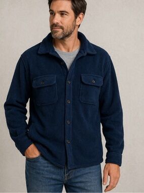 Lands’ End Fleece Shirt Jacket XL Blue Button Front Shacket Heavy Soft
